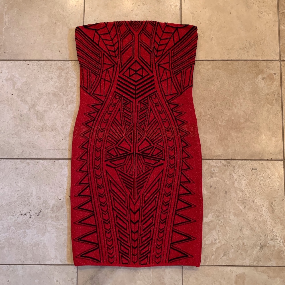 RVN Red Metallic Knit Strapless Dress